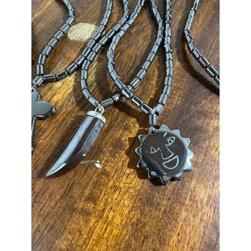 6Pc Hematite Stone Pendant Necklace Lot Fish Cross Anchor Horn Sun Heart